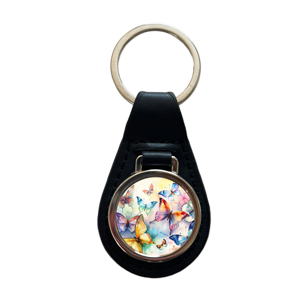 Beautiful Watercolor Colorful Butterflies Black Leather Metal Keychain