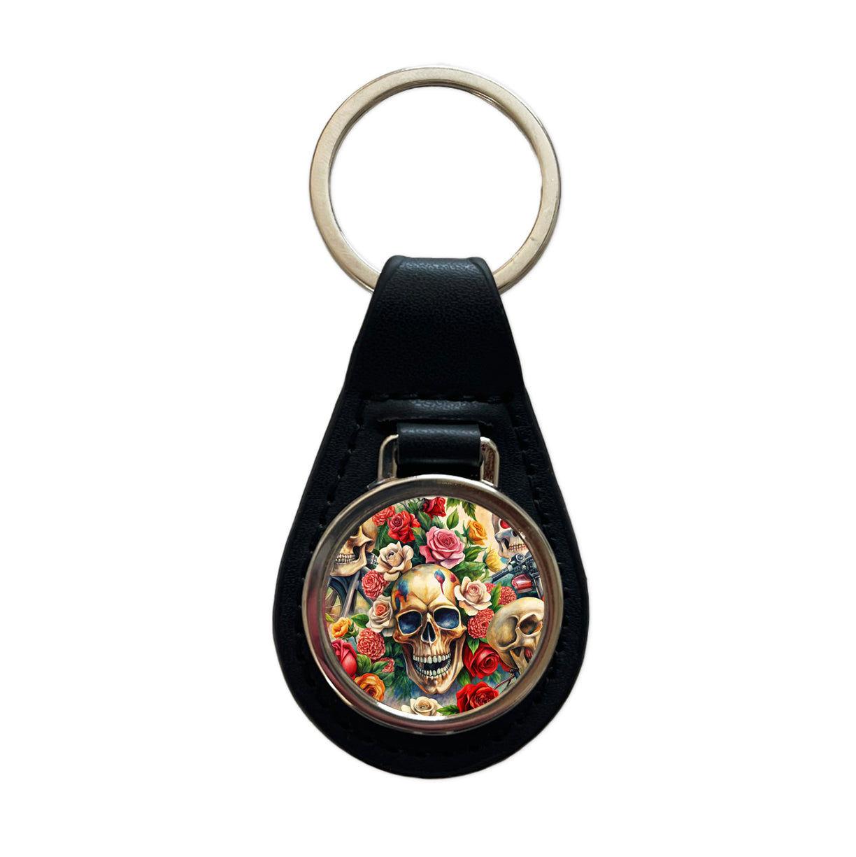 Biker Skulls And Roses Theme Watercolor Black Leather Metal Keychain