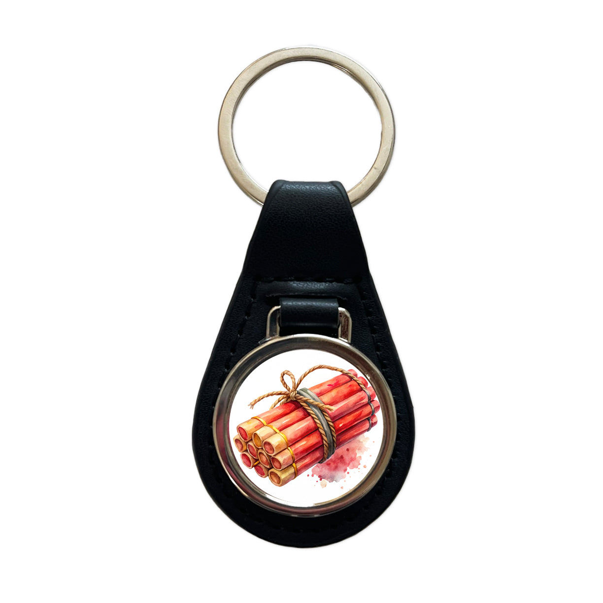 Bundle Of Sticks Of Dynamite Watercolor Black Leather Metal Keychain