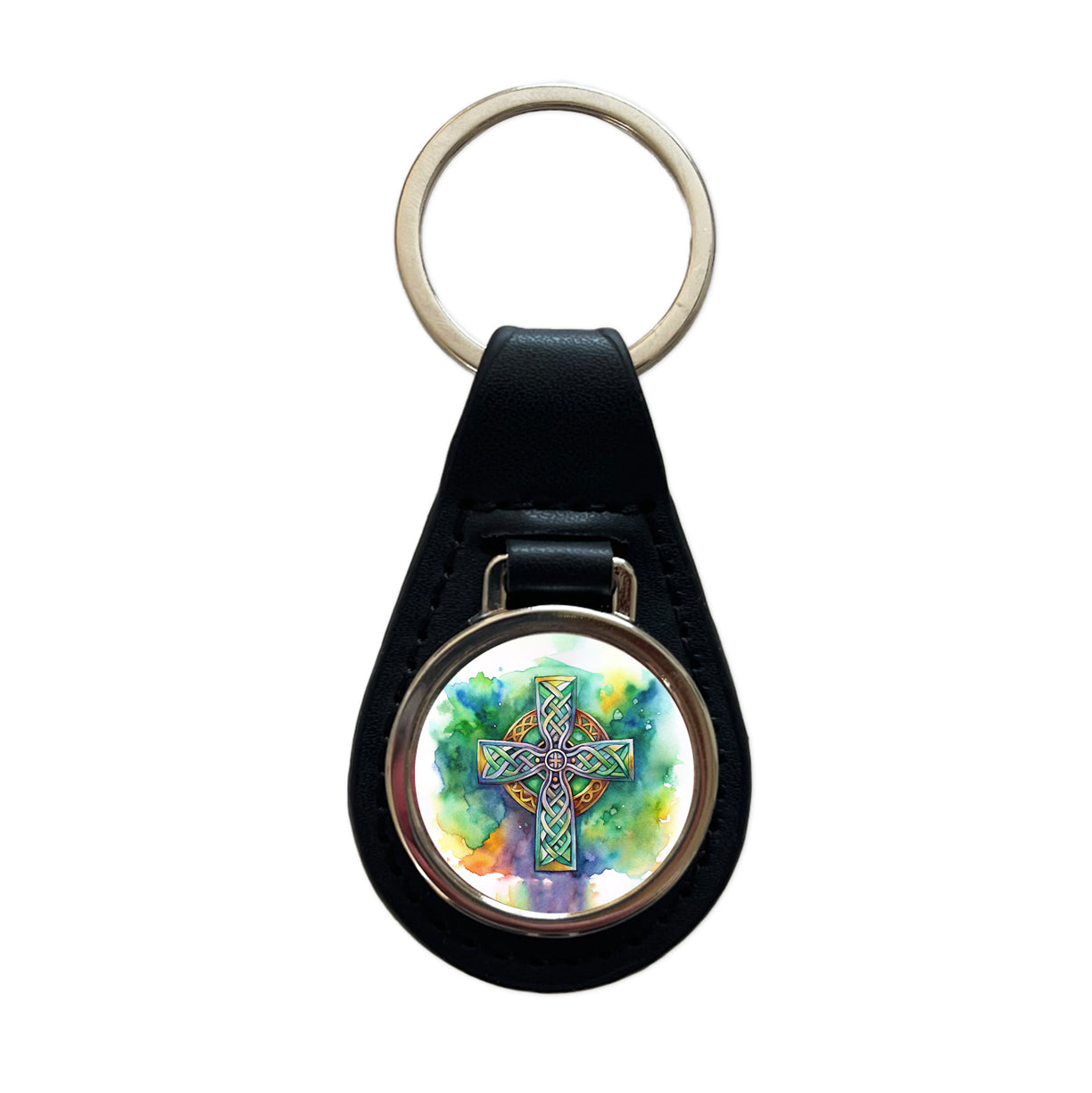 Celtic Christian Cross Watercolor Black Leather Metal Keychain