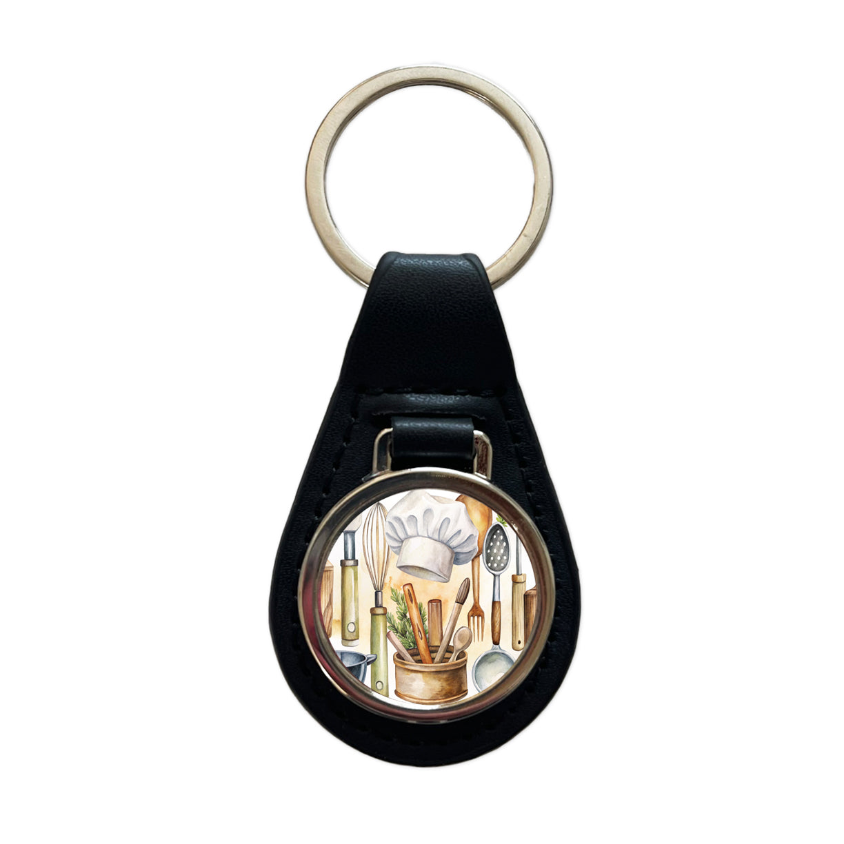Chef's Baker's Tools Cooking Watercolor Black Leather Metal Keychain