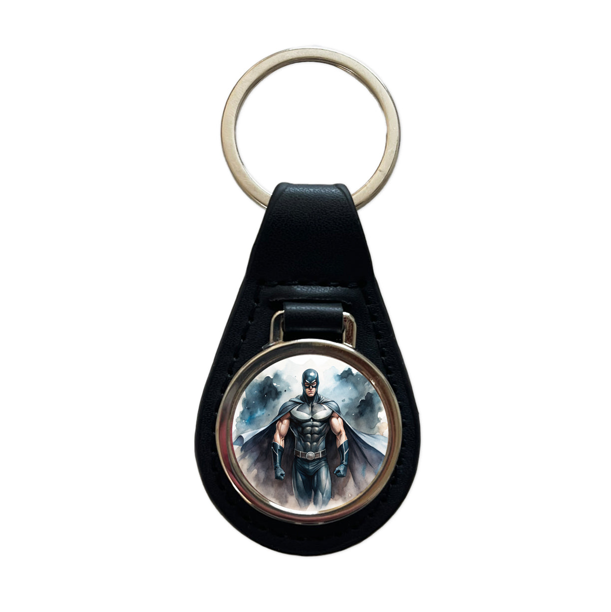 Classic Masked Superhero With Black Costume Watercolor Black Leather Metal Keychain