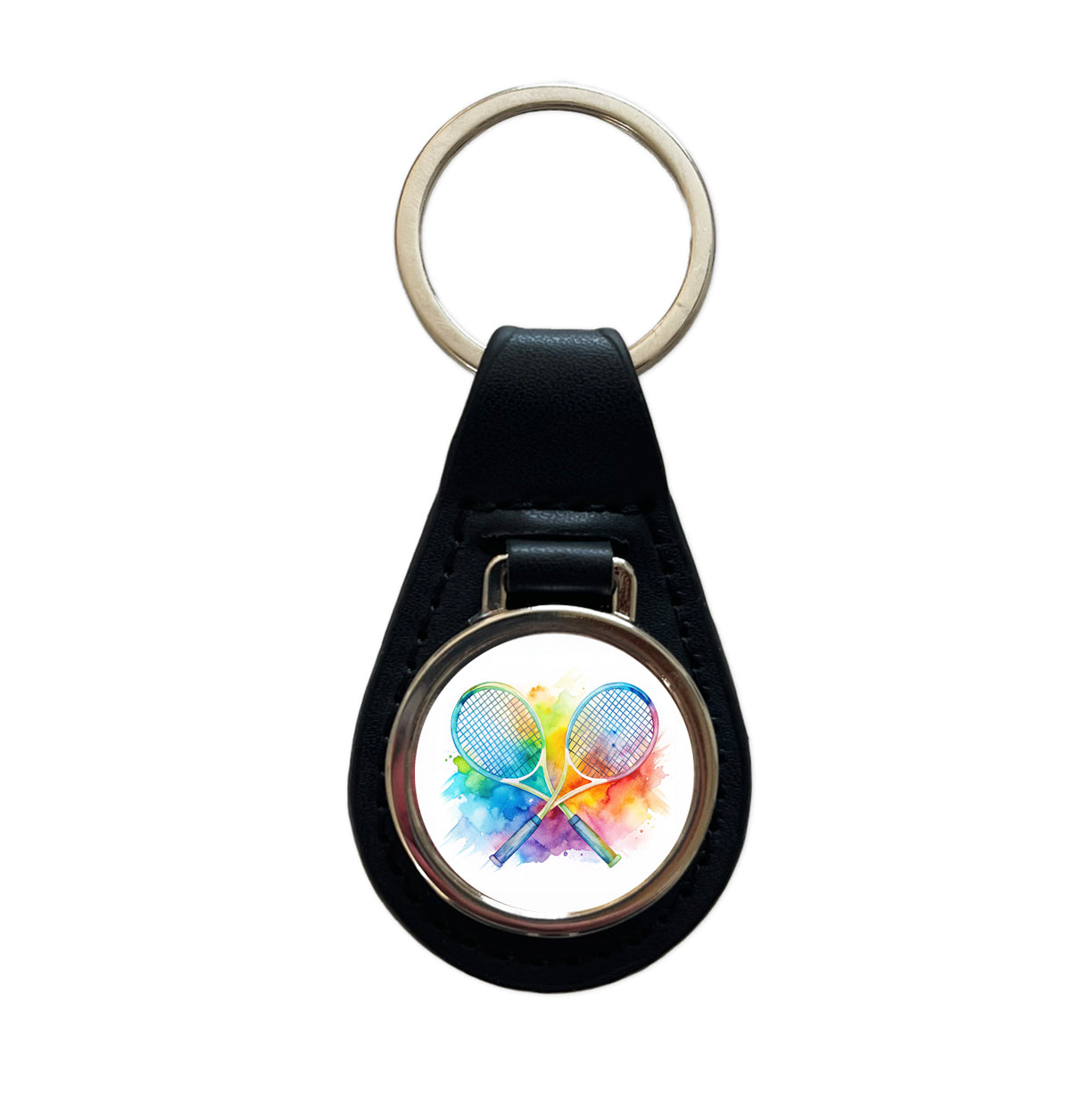 Crossed Tennis Rackets Watercolor Black Leather Metal Keychain