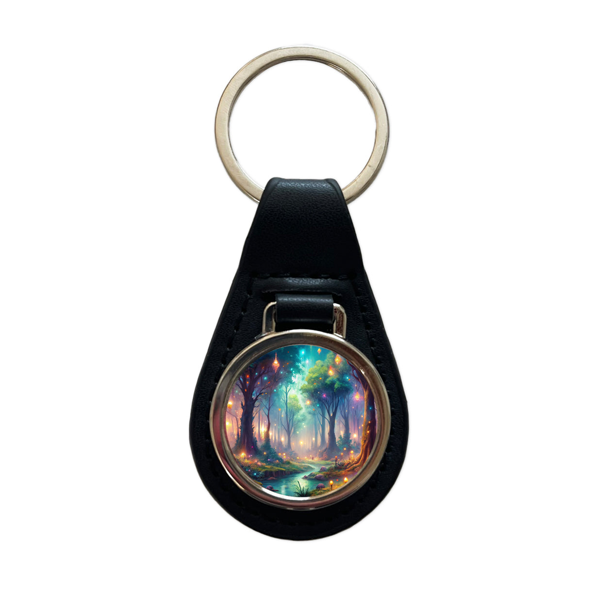 Fantasy Forest With Glowing Sprites Fae Spirits Watercolor Black Leather Metal Keychain