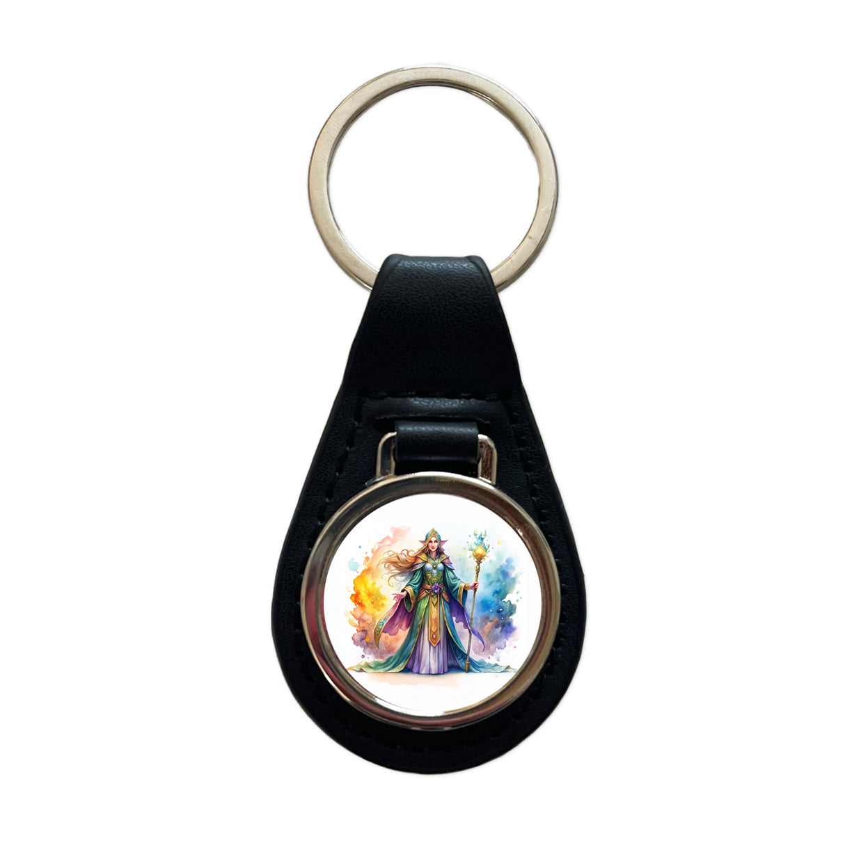 Fantasy Sorceress Colorful Magic Mana Watercolor Black Leather Metal Keychain