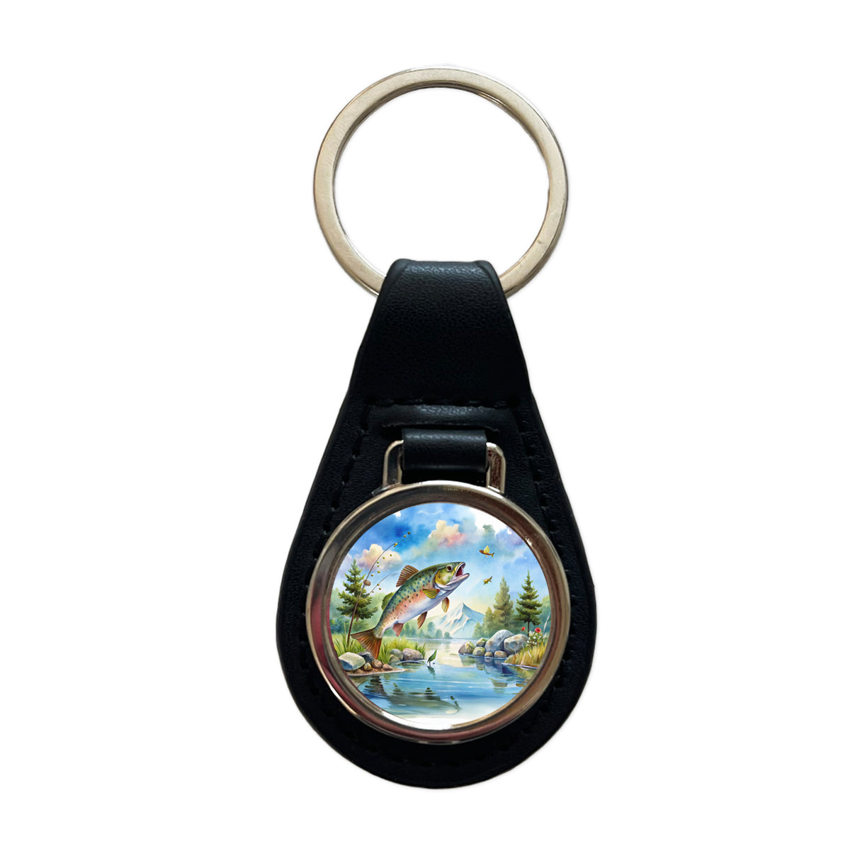 Fish Jumping Stream Lake Fishing Watercolor Black Leather Metal Keychain