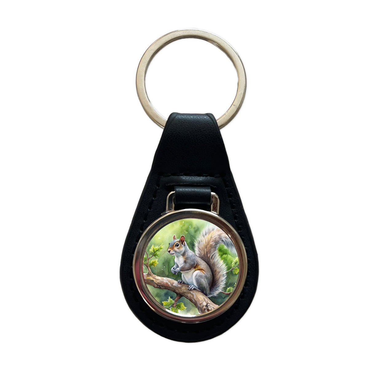 Gray Squirrel In Tree Watercolor Black Leather Metal Keychain