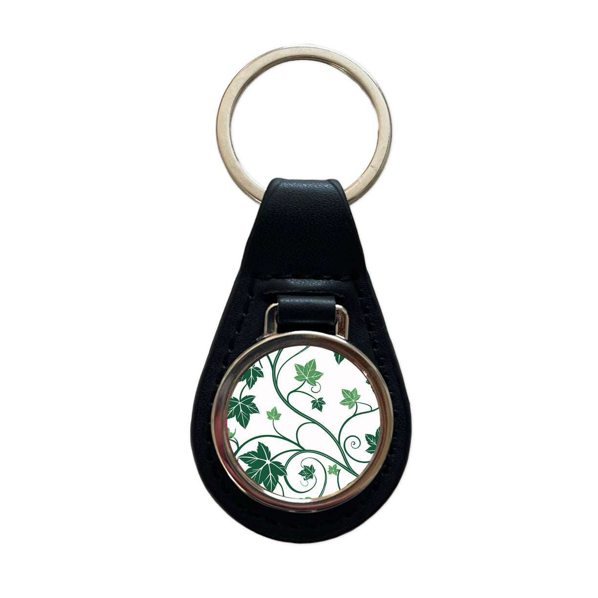 Green Ivy Vines Black Leather Metal Keychain