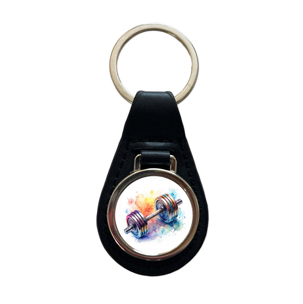 Gym Workout Dumbbells Weights Watercolor Black Leather Metal Keychain