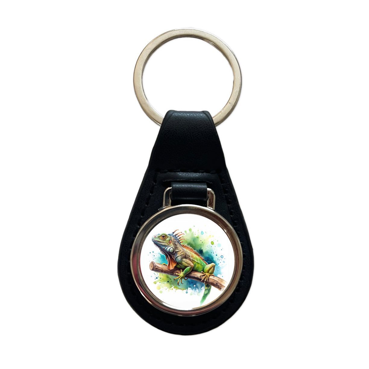 Iguana Lizard On Branch Reptile Watercolor Black Leather Metal Keychain