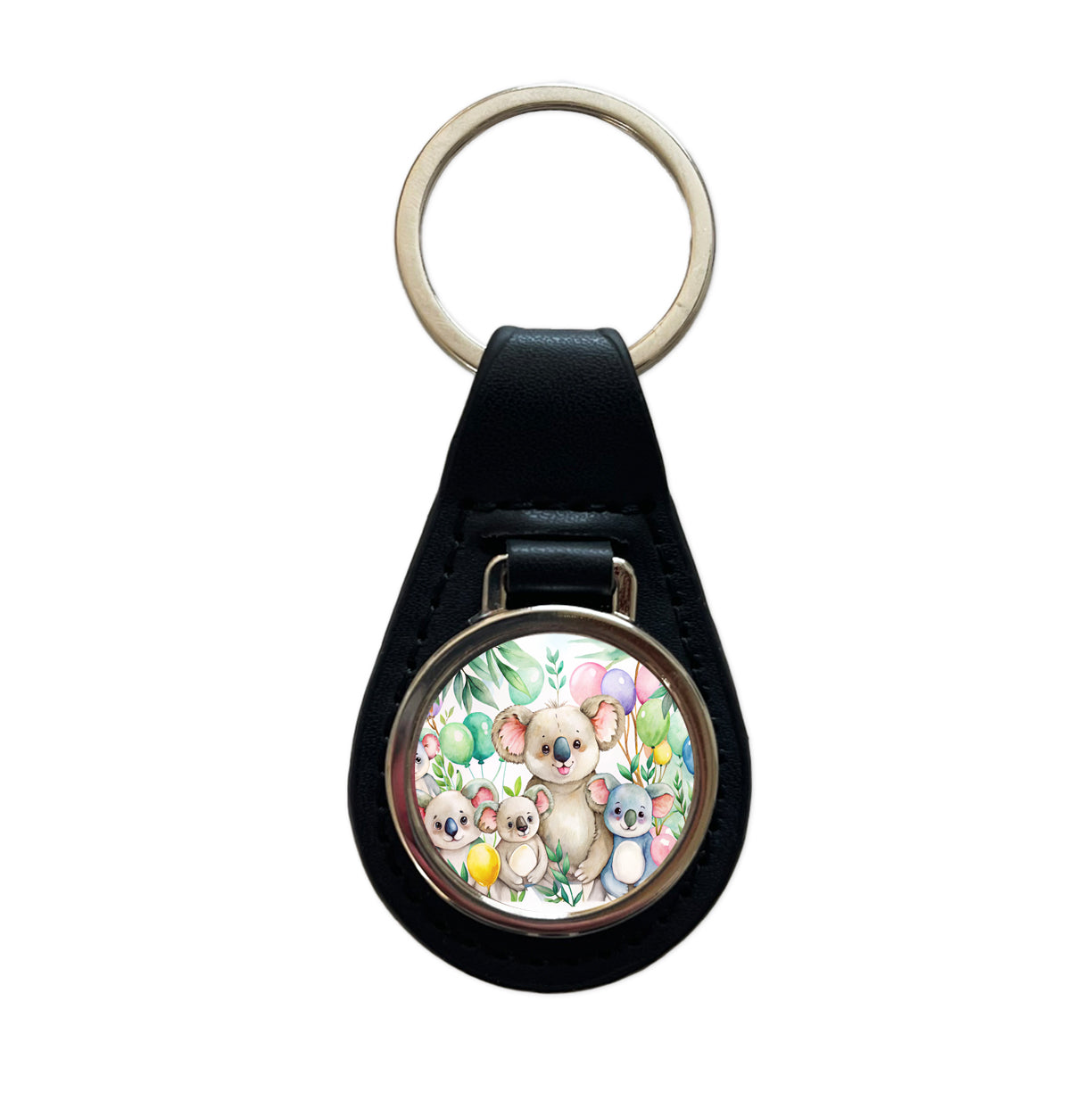 Koalas Having A Birthday Party Watercolor Black Leather Metal Keychain