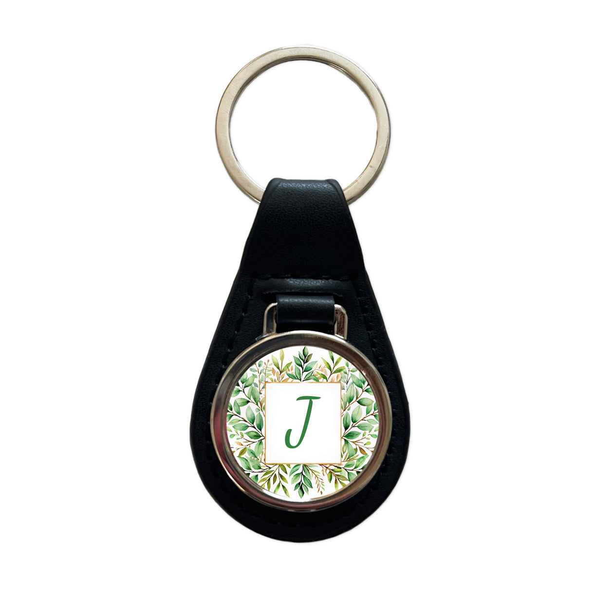Letter J Initial Monogram Frame Leaf Black Leather Metal Keychain