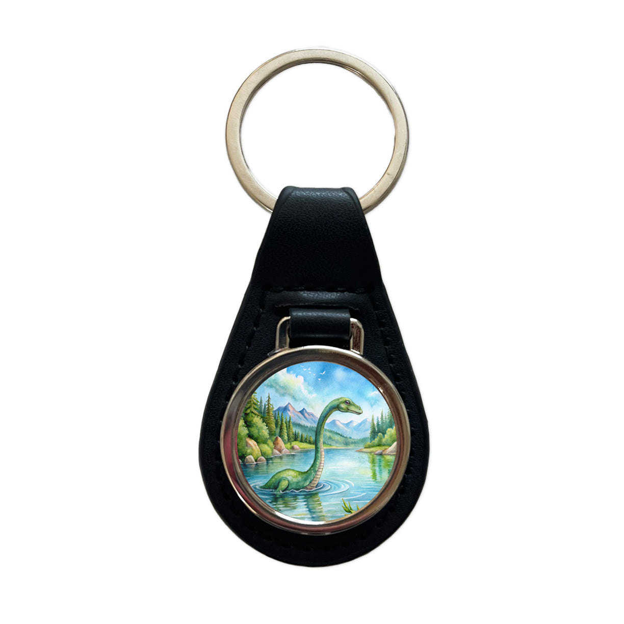 Loch Ness Monster Nessie In Scotland Highlands Lake Black Leather Metal Keychain