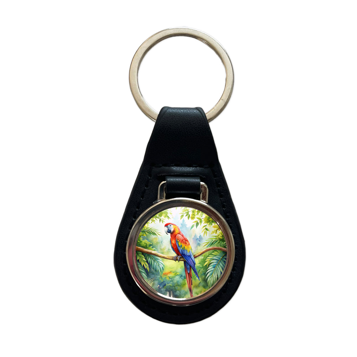 Macaw Parrot In Tree Bird Watercolor Black Leather Metal Keychain