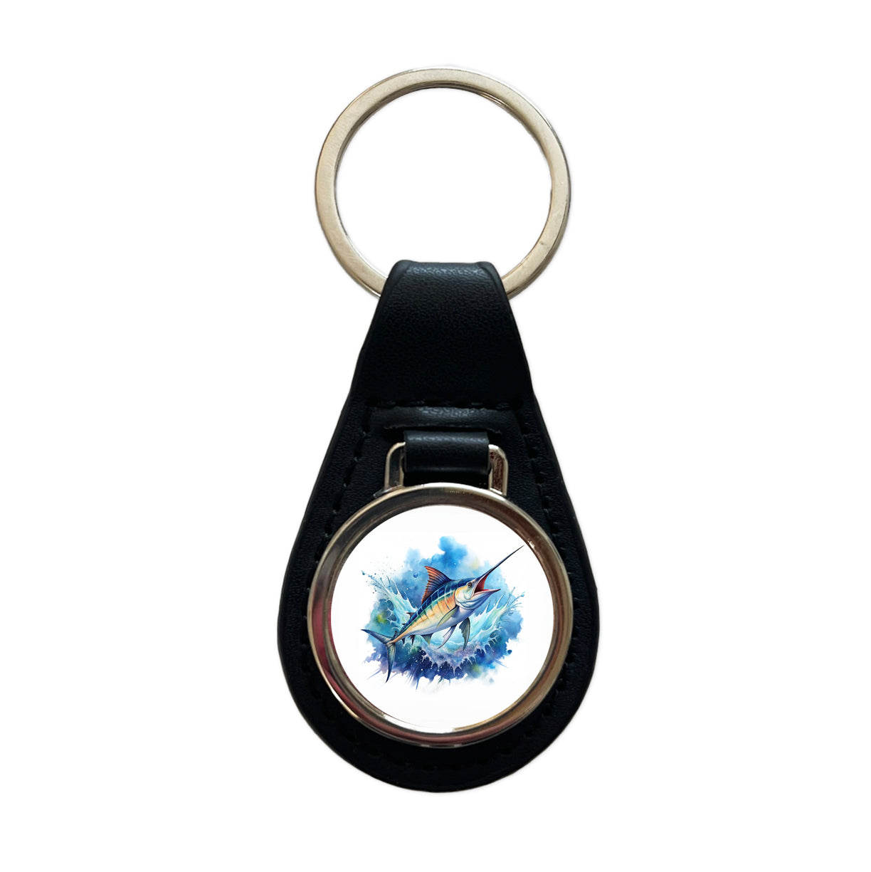 Marlin Jumping In The Ocean Deep Sea Sport Fishing Watercolor Black Leather Metal Keychain
