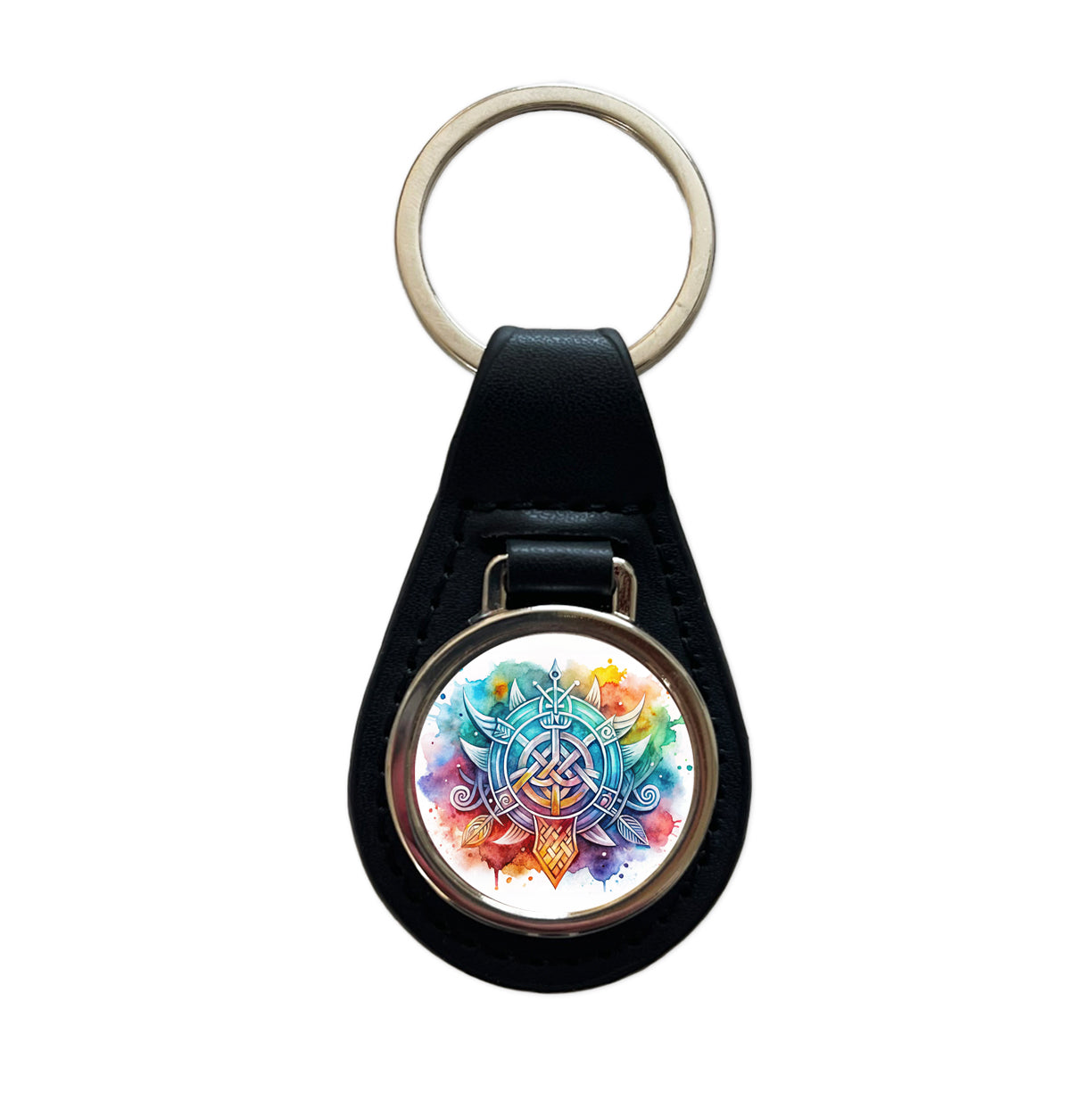 Norse Viking Symbols Watercolor Black Leather Metal Keychain