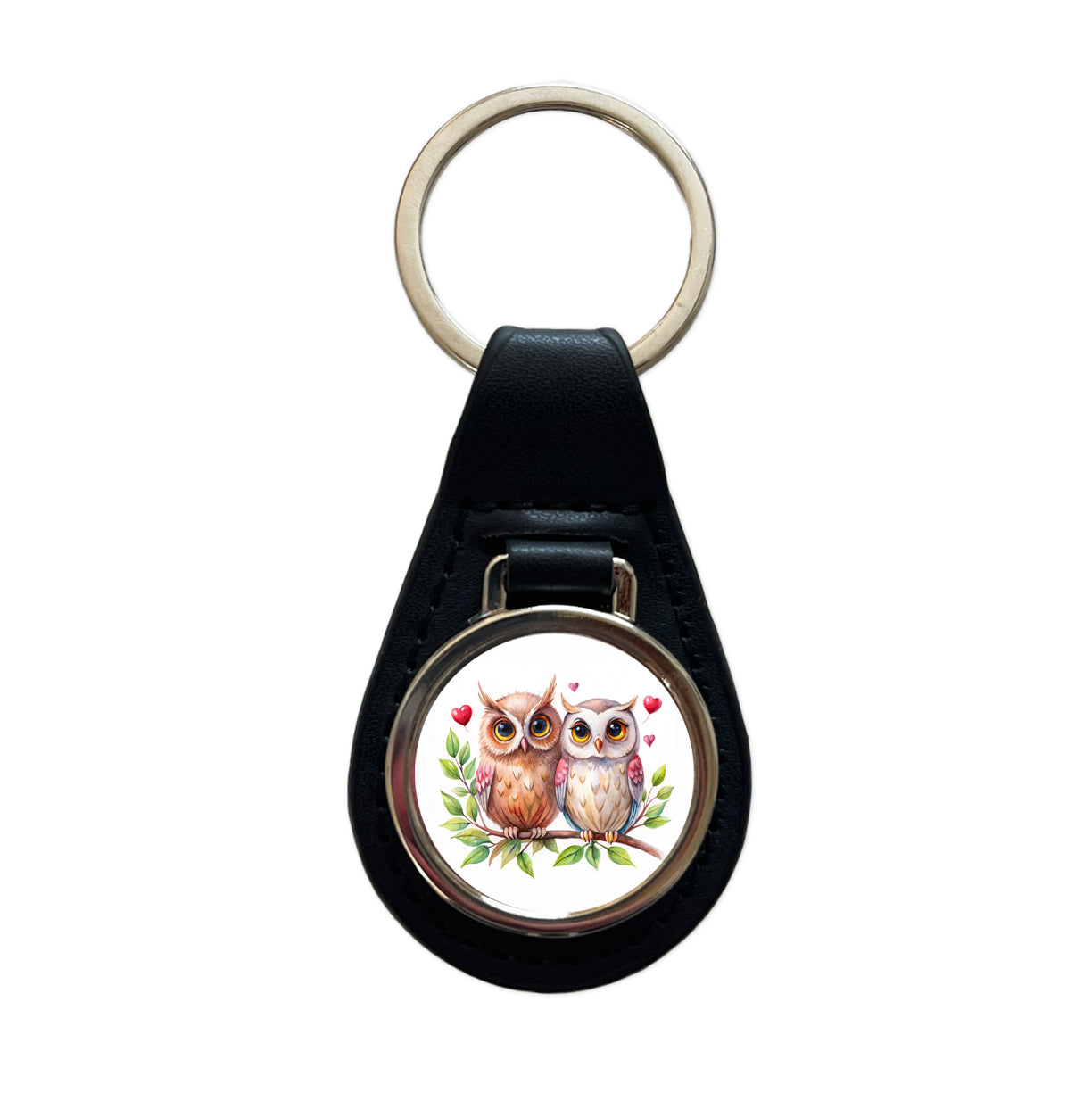 Owls In Love On Branch Hearts Valentine's Day Black Leather Metal Keychain
