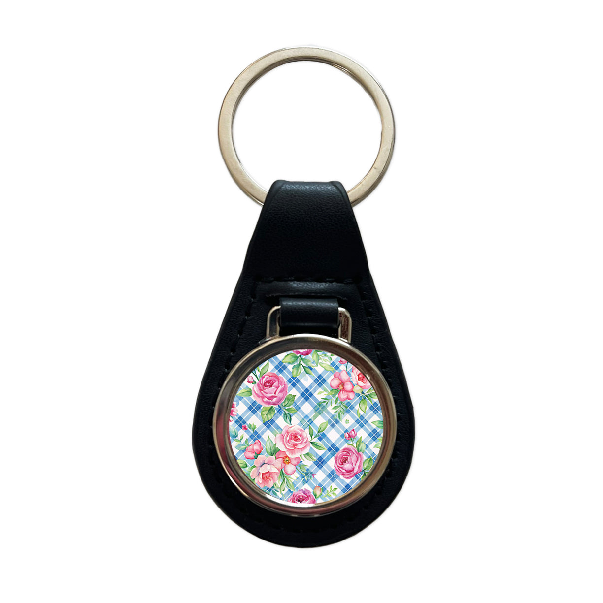 Pretty Pink Flowers Floral Blue Wallpaper Black Leather Metal Keychain