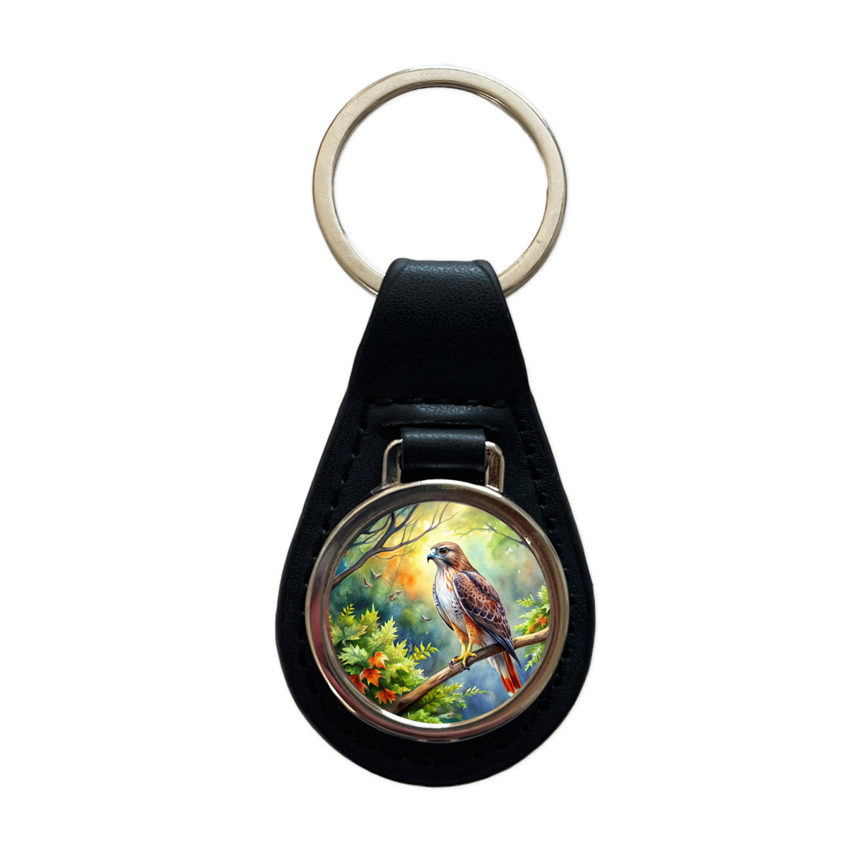 Red-tailed Hawk Raptor Bird Of Prey In Tree Watercolor Black Leather Metal Keychain