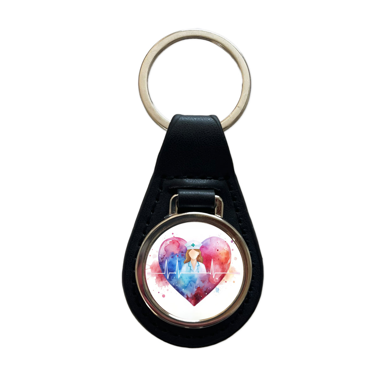 RN Nurse Life Pulse Heart Beat Watercolor Black Leather Metal Keychain