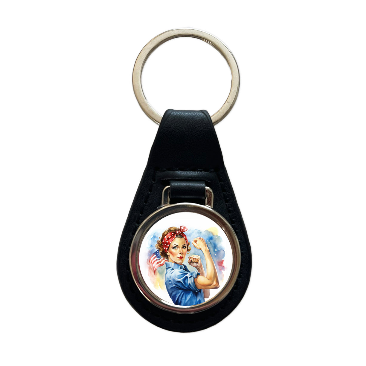 Rosie The Riveter Patriotic Watercolor Black Leather Metal Keychain