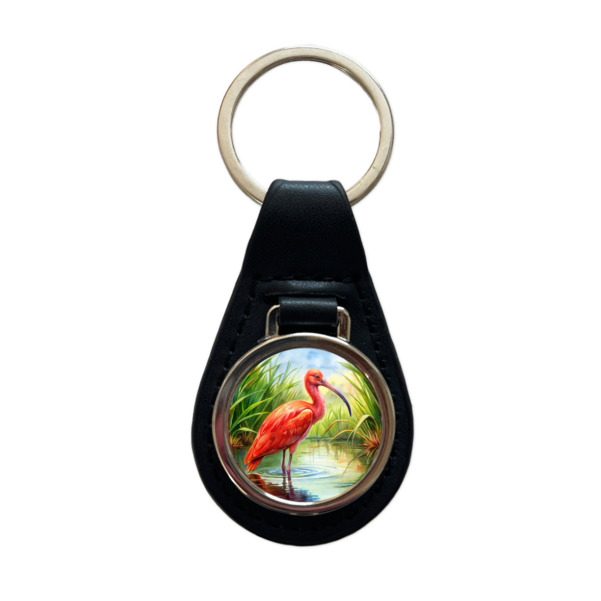 Scarlet Ibis In Marsh Bird Watercolor Black Leather Metal Keychain