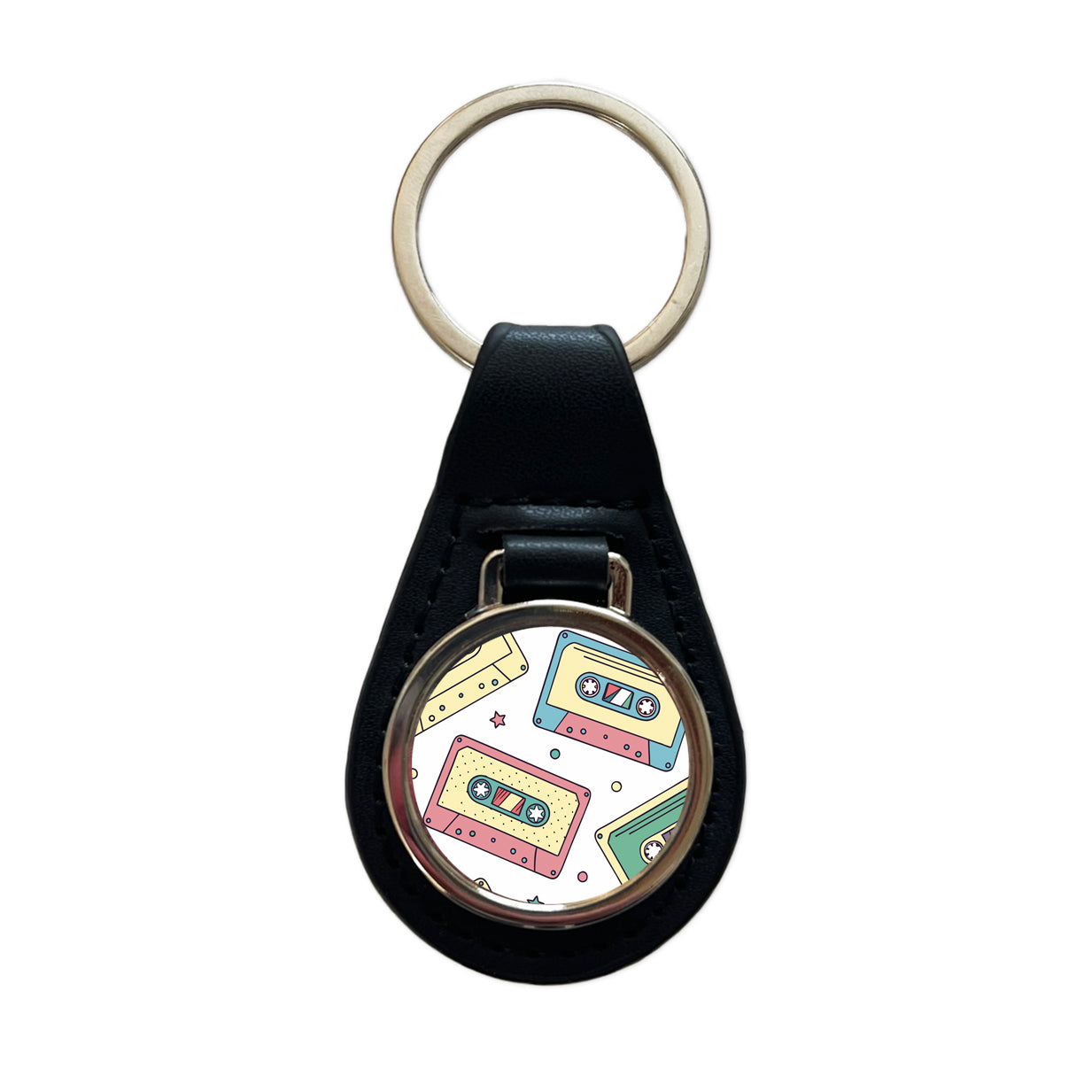 Scattered Cassette Tapes Black Leather Metal Keychain