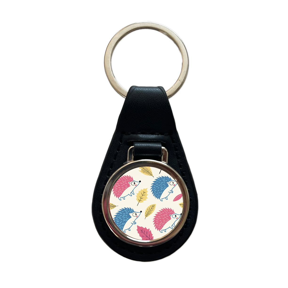 Scattered Hedgehogs Pink Blue Black Leather Metal Keychain
