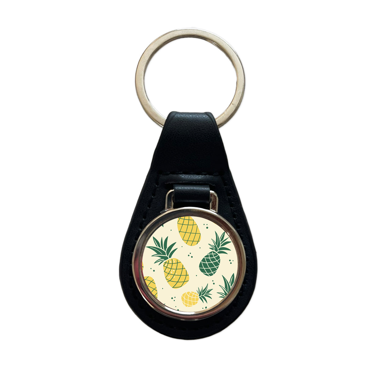 Scattered Tropical Pineapples Black Leather Metal Keychain