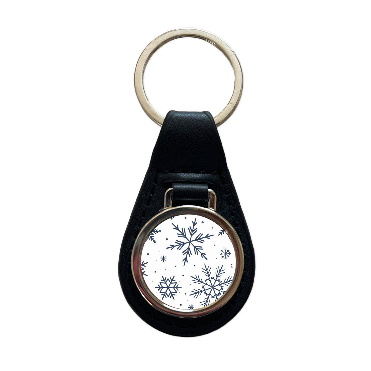 Scattered Snowflakes Winter Christmas Black Leather Metal Keychain