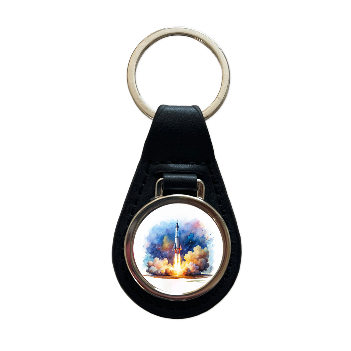 Sci-fi Missile Rocket Launch Watercolor Black Leather Metal Keychain