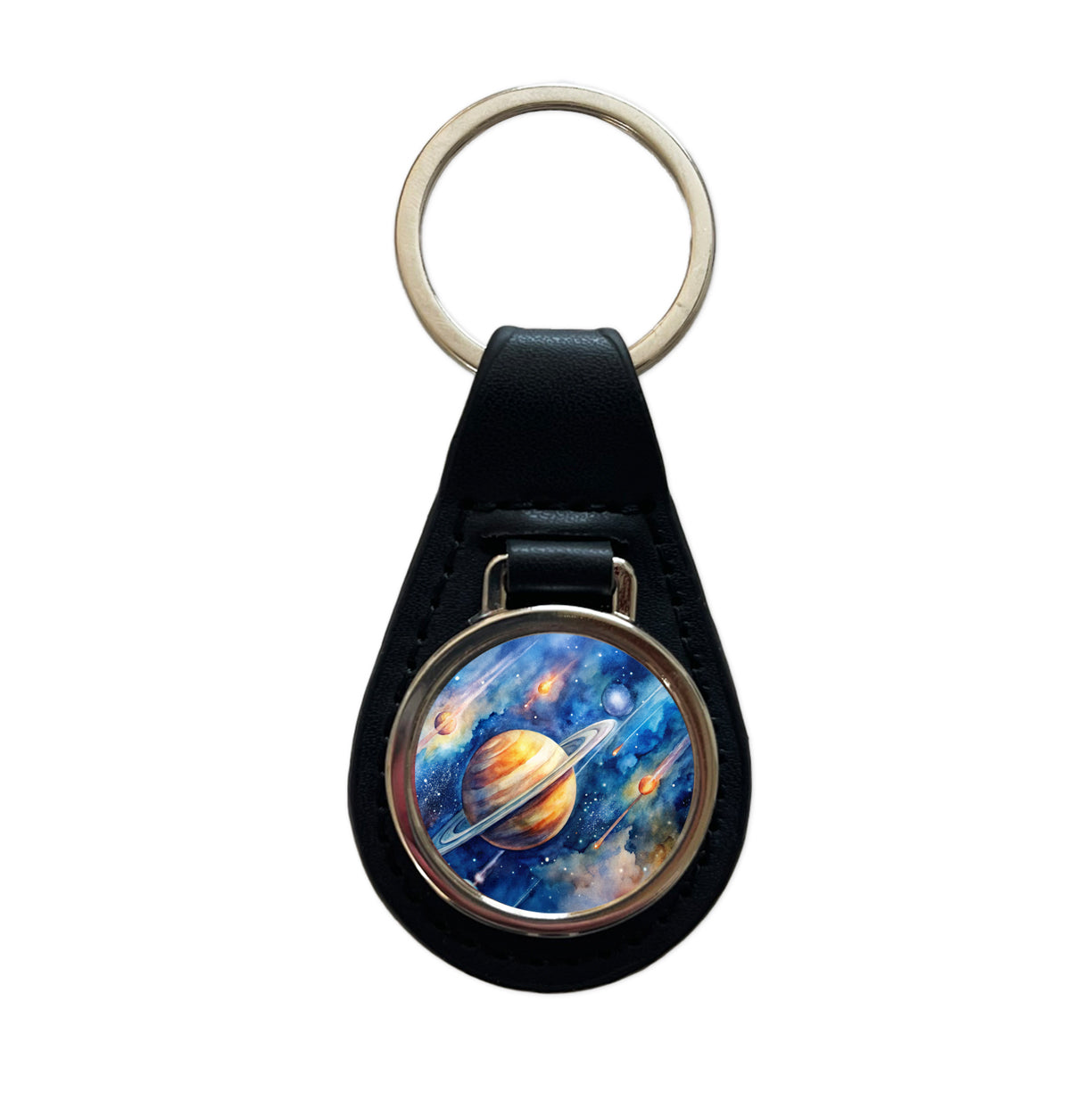 Sci-fi Planet Saturn Meteor Shower Black Leather Metal Keychain