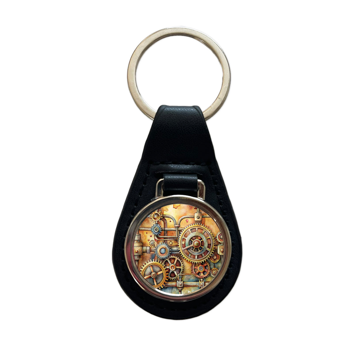 Sci-fi Steampunk Gears And Pipes Watercolor Black Leather Metal Keychain
