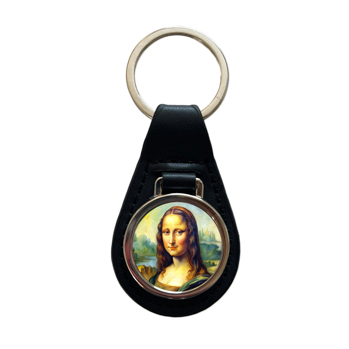 Simple Faux Mona Lisa Watercolor Painting Black Leather Metal Keychain