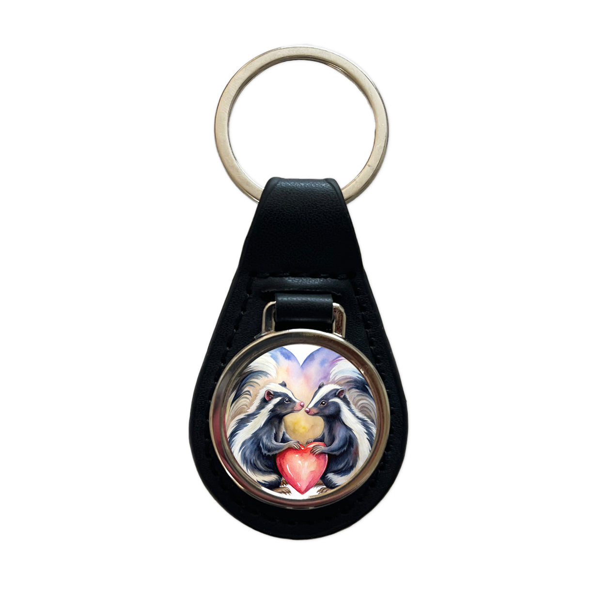 Skunks In Love Hearts Valentine's Day Black Leather Metal Keychain