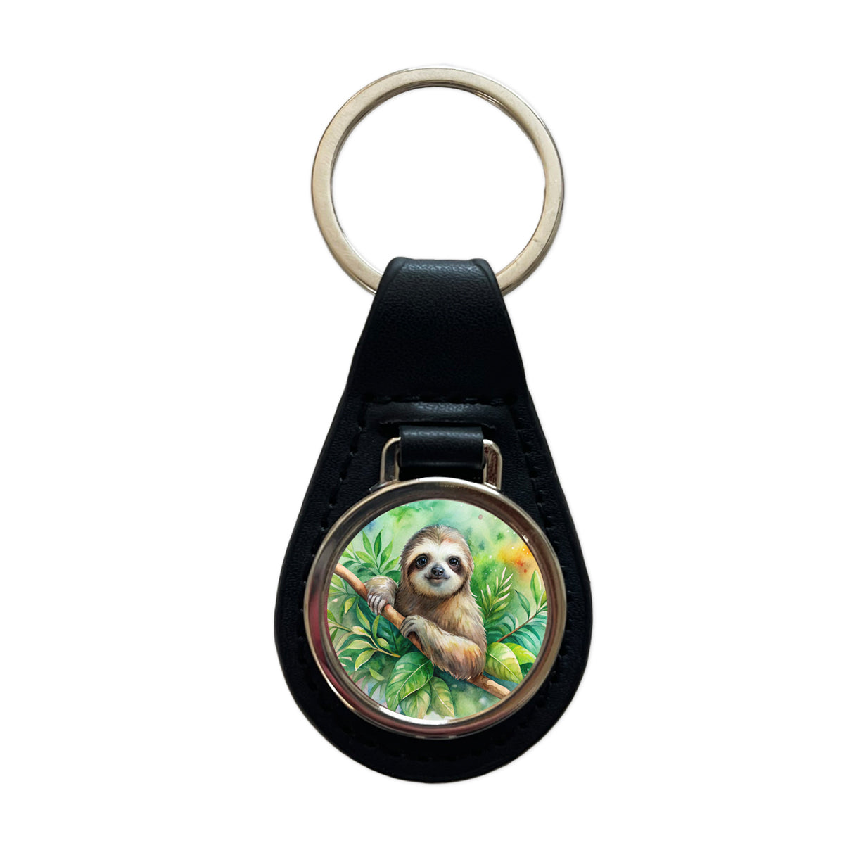 Sloth In A Tree Watercolor Black Leather Metal Keychain