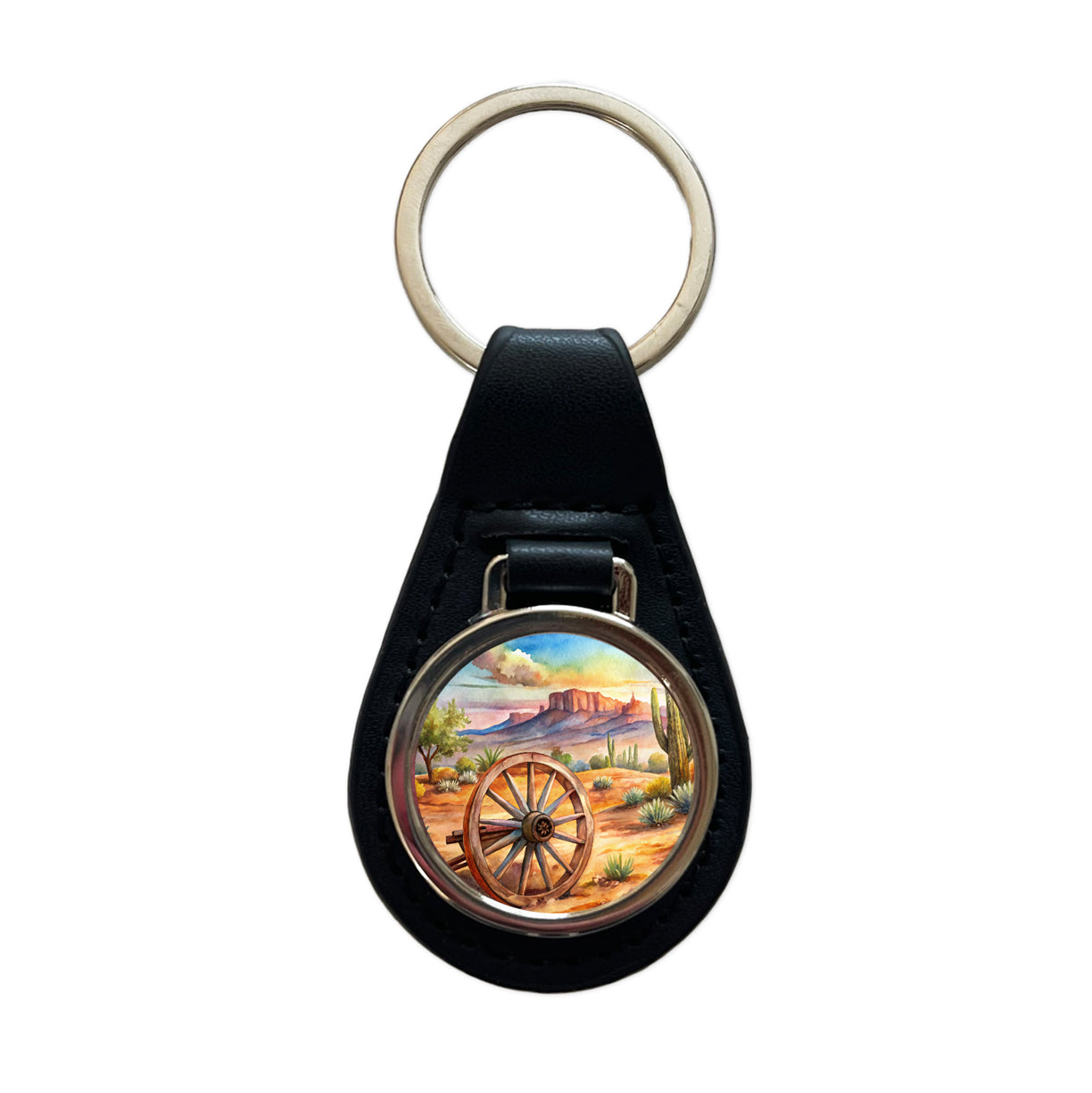 Southwest Desert With Abandoned Wagon Wheel Watercolor Black Leather Metal Keychain