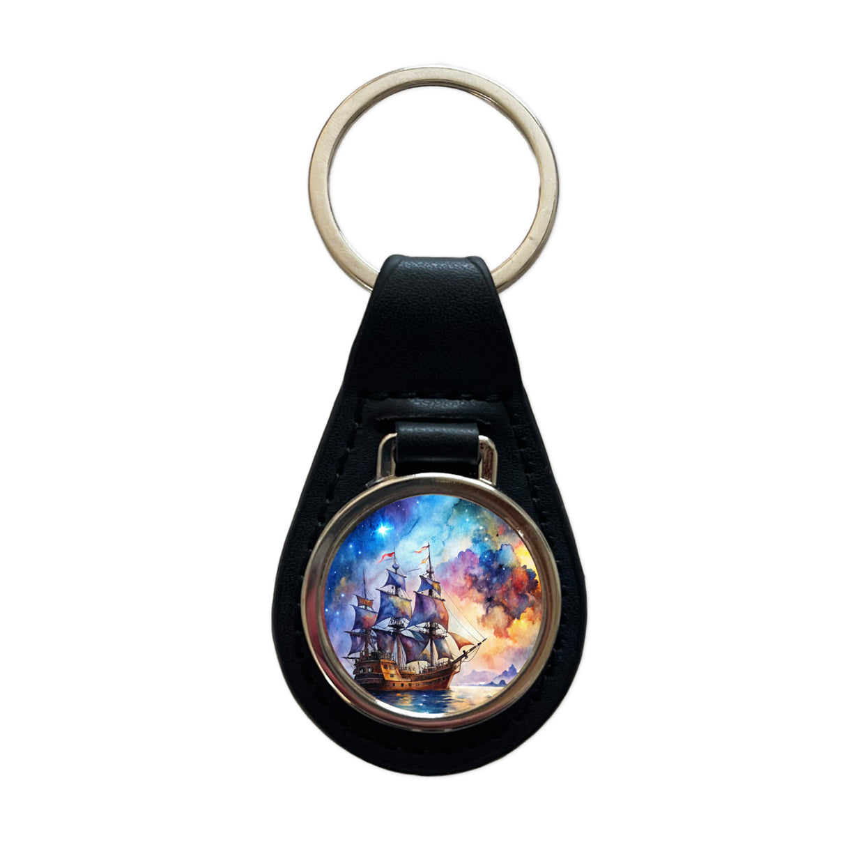 Space Pirate Ship Watercolor Black Leather Metal Keychain