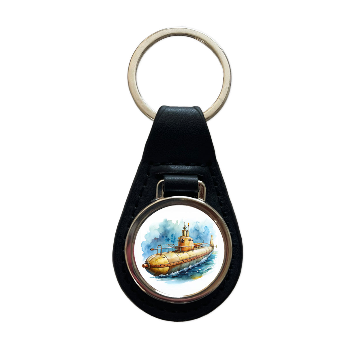 Steampunk Sci-fi Fantasy Retro Submarine Watercolor Black Leather Metal Keychain