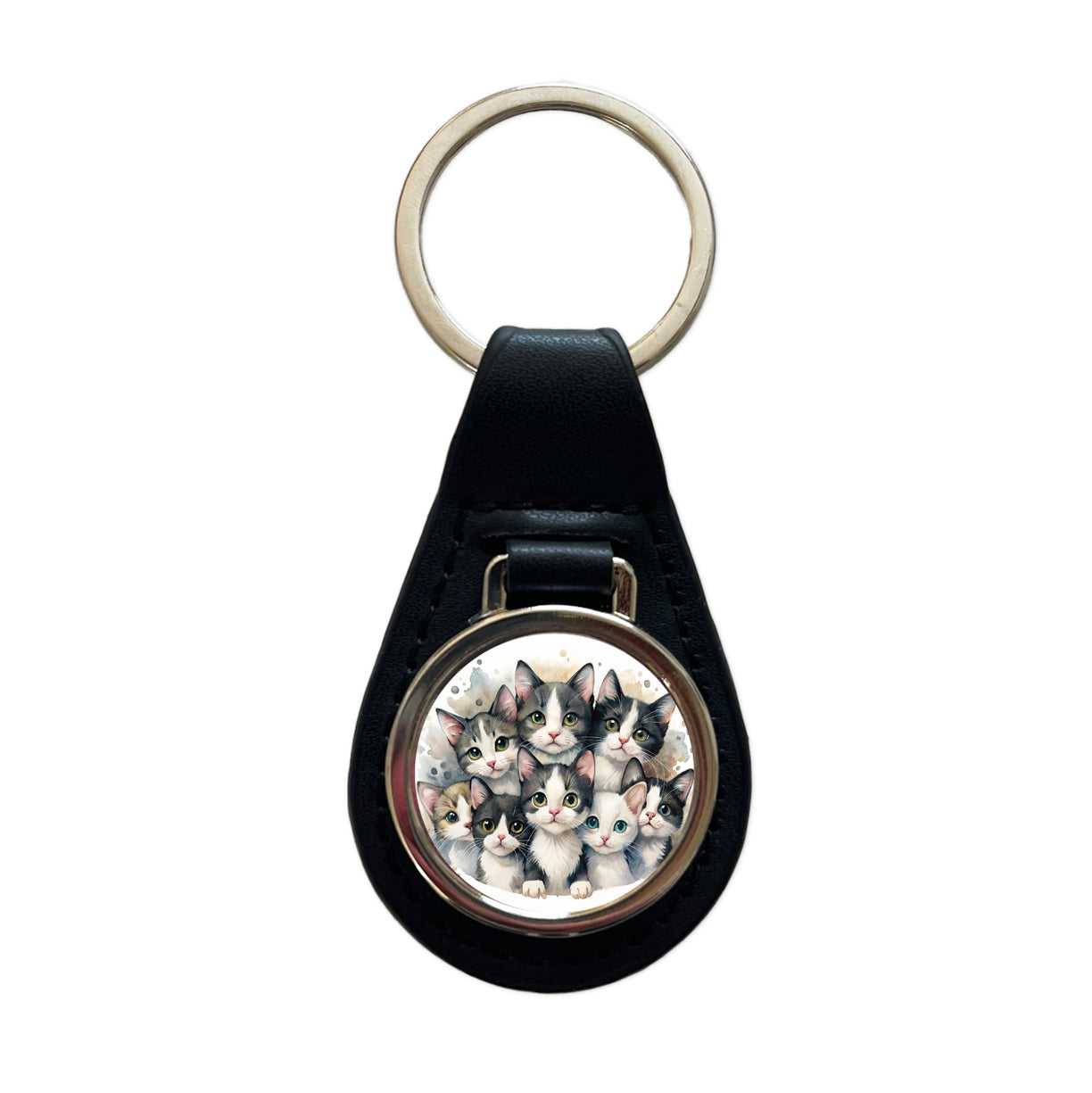 Sweet Black And White Cats Black Leather Metal Keychain