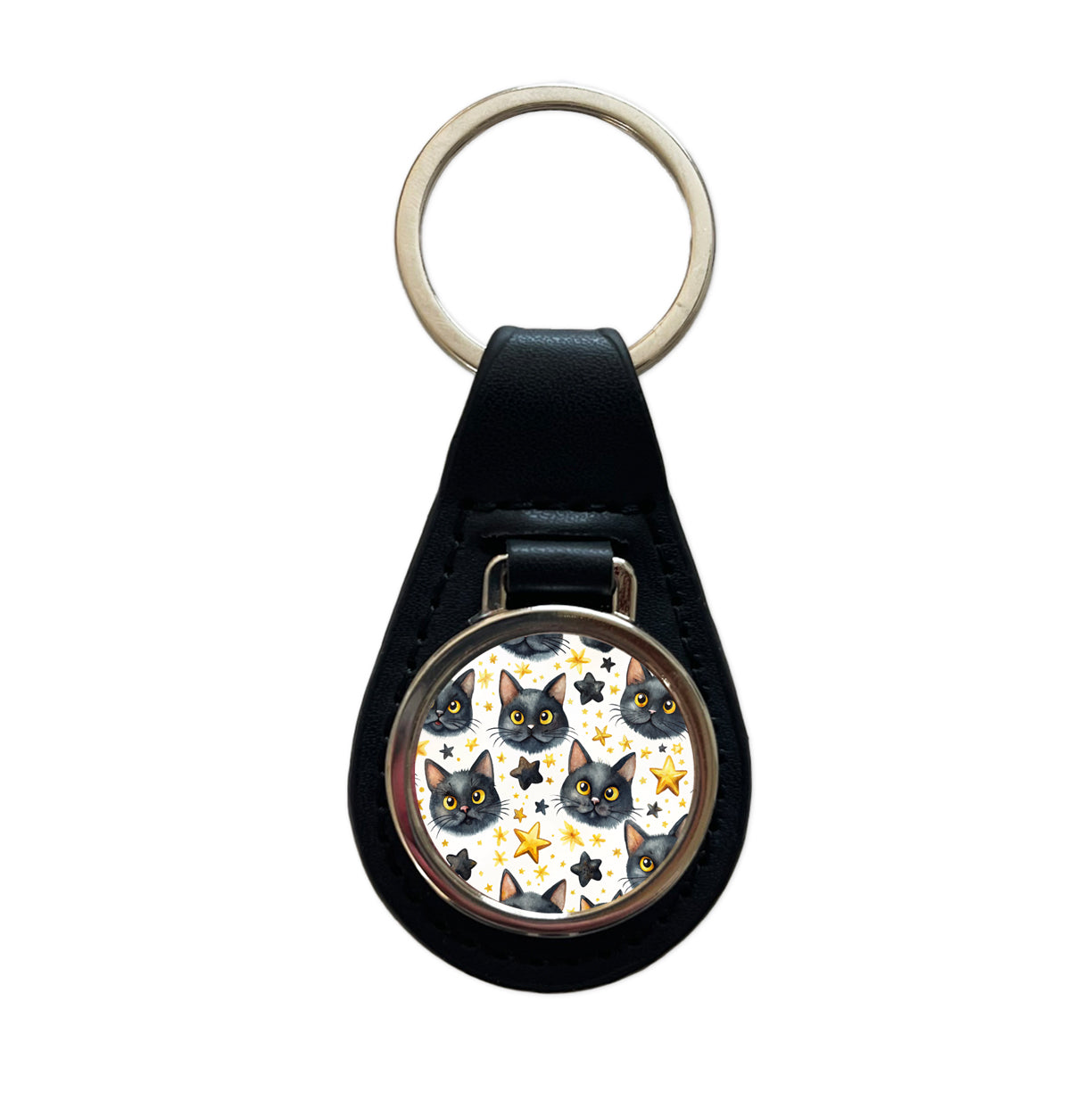 Sweet Black Cat Faces Yellow Stars Black Leather Metal Keychain