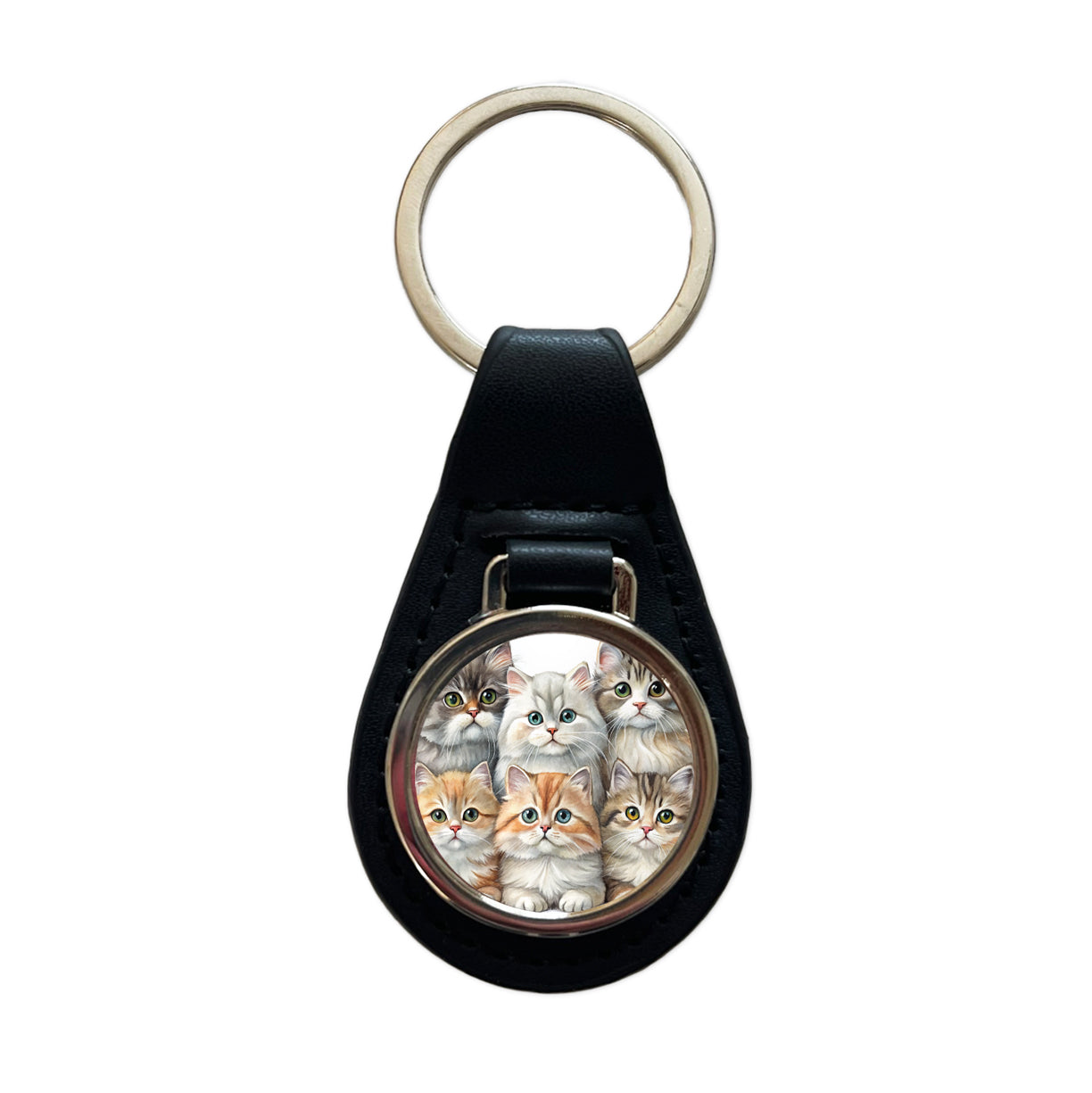 Sweet British Longhair Cats Black Leather Metal Keychain