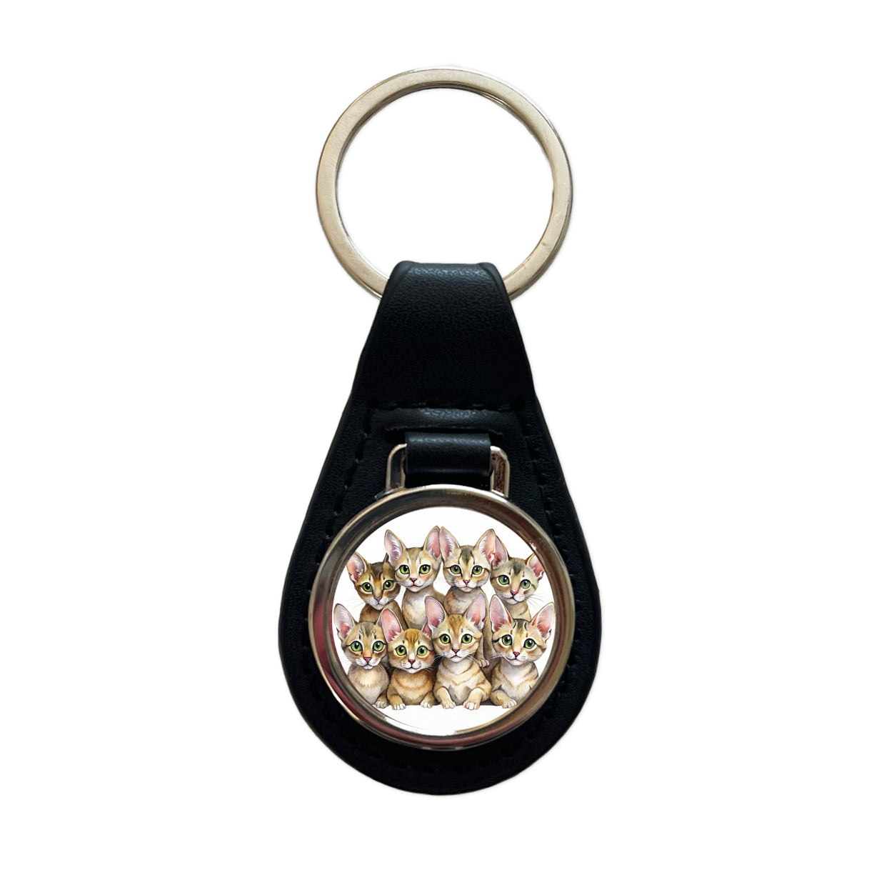 Sweet Chausie Cats Black Leather Metal Keychain