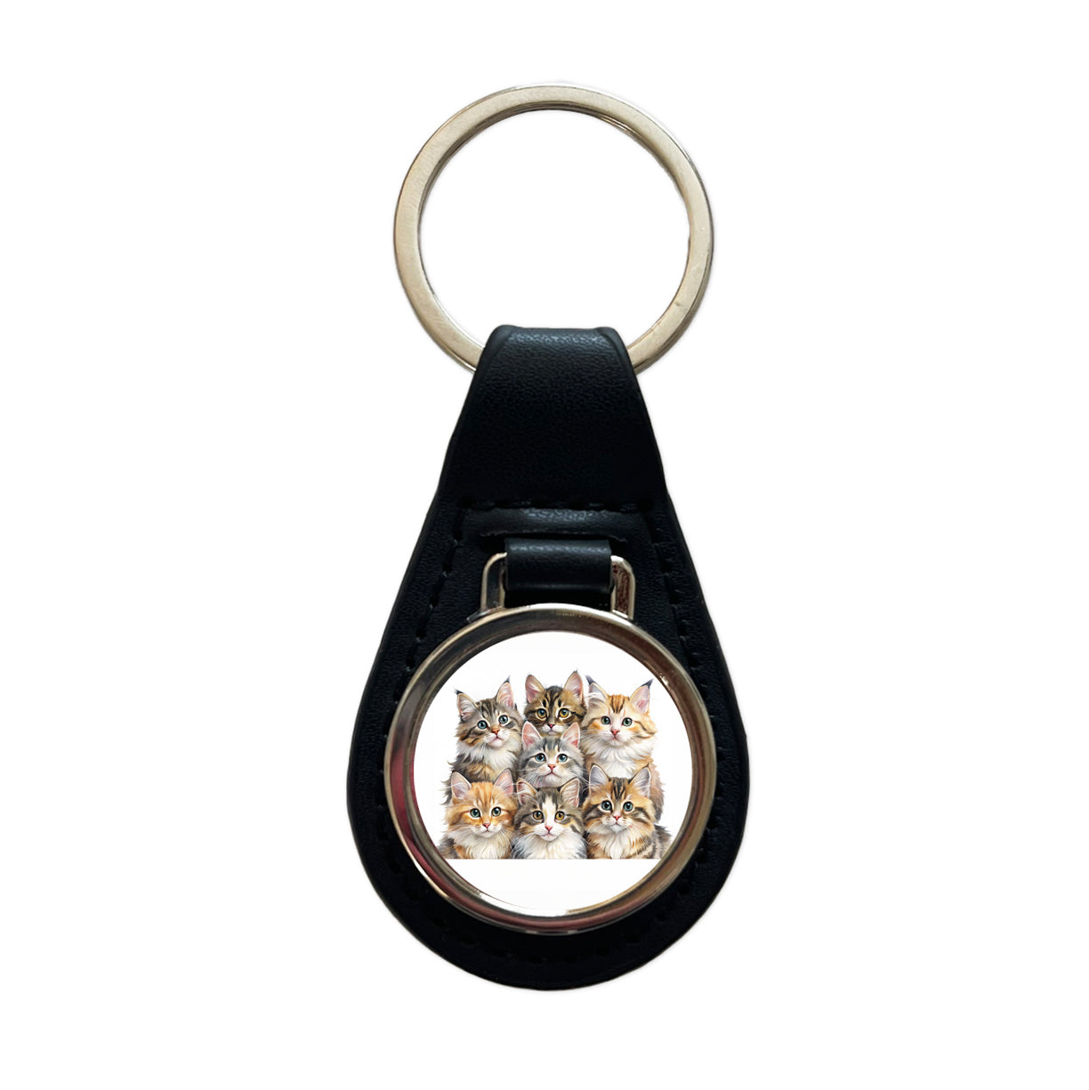 Sweet Siberian Cats Black Leather Metal Keychain