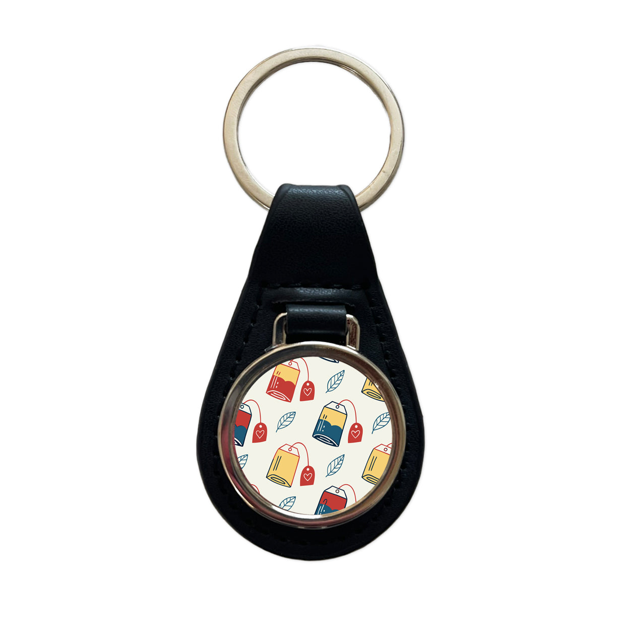 Tea Bags Fun Scattered Black Leather Metal Keychain