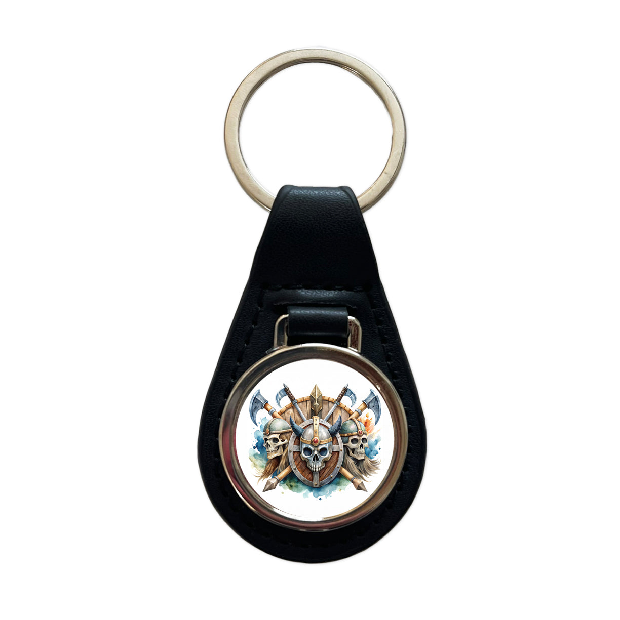 Viking Axes Shields And Skulls Watercolor Black Leather Metal Keychain