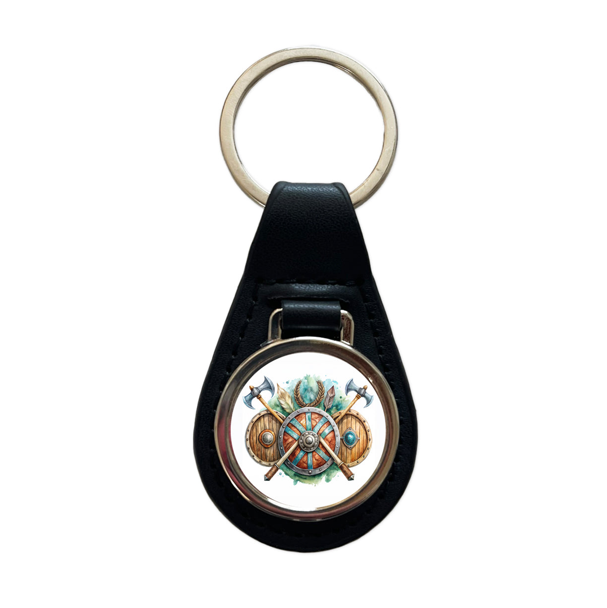 Viking Symbols Shields Axes Watercolor Black Leather Metal Keychain