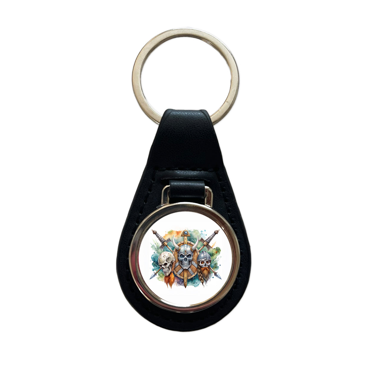 Viking Symbols Shields Swords Skulls Watercolor Black Leather Metal Keychain
