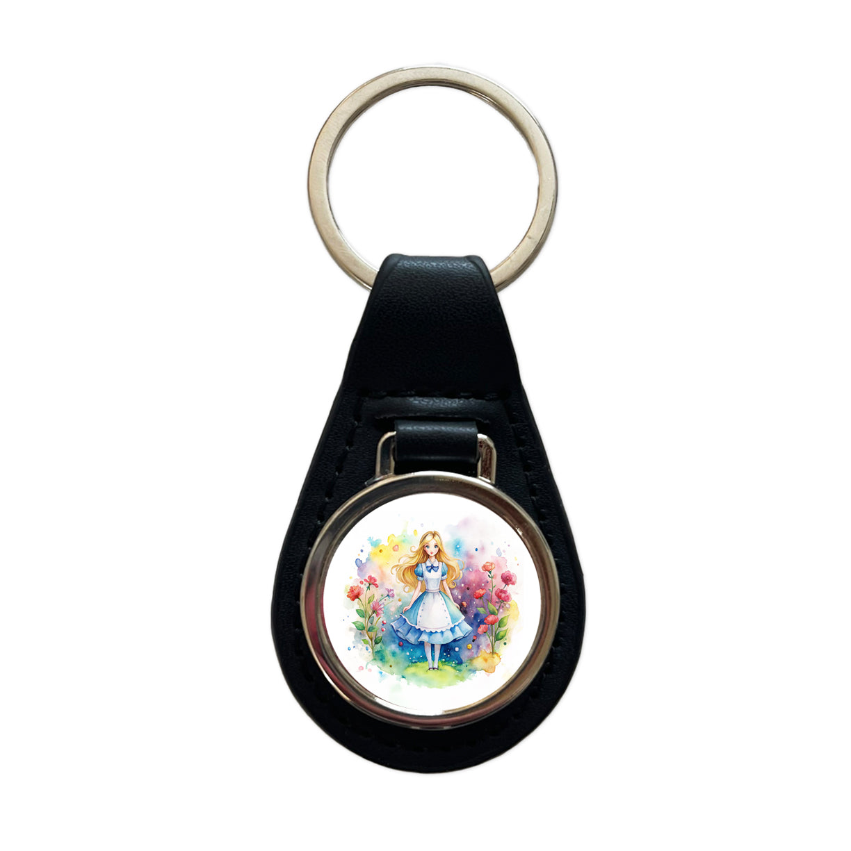 Alice In Wonderland Watercolor Black Leather Metal Keychain