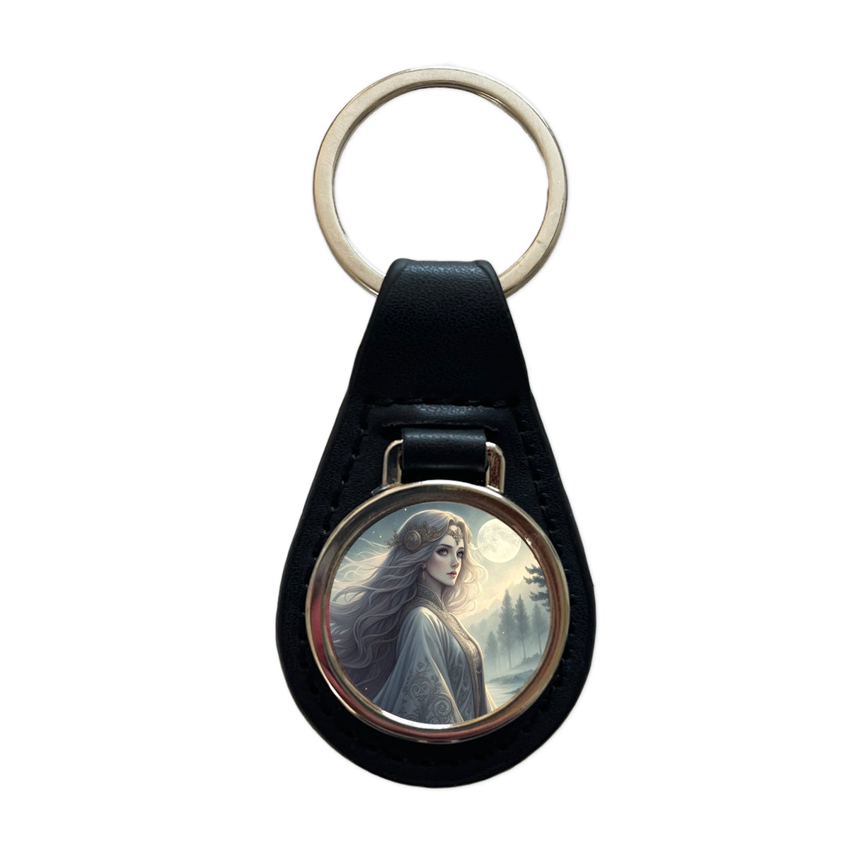 Anime Style Fantasy Princess Elf White Scene Black Leather Metal Keychain